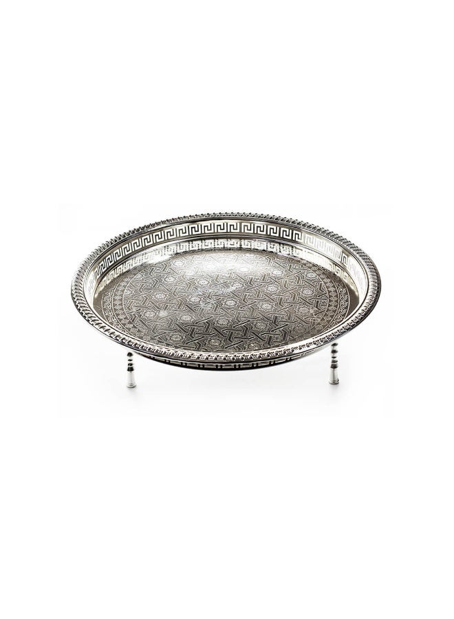 Si Bonne Premium Round Silver Decorative Serving Tray with Raised Legs and Engraved Pattern - Image 1